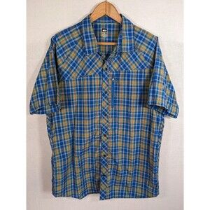 REI Shirt Mens XL Blue Tartan Plaid Short Sleeve Gallegos Zip Pocket Pearl Snap